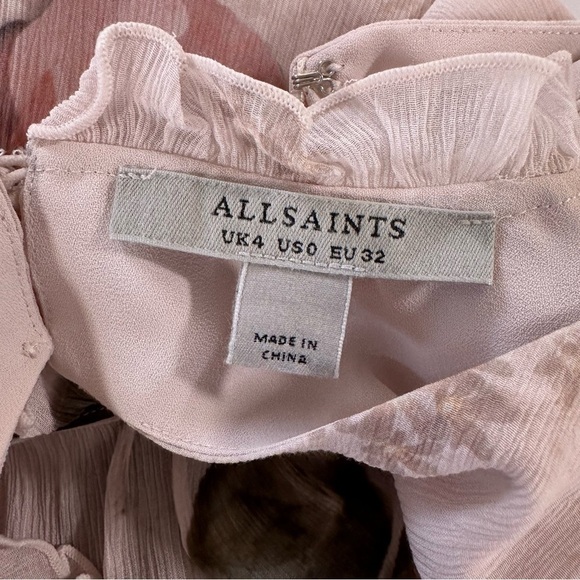 Allsaints Dress Womens 0 Pink Smocked Puff Sleeve Chiffon Floral - Picture 4 of 6